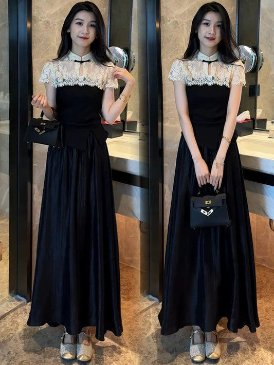 Fashion suits for women 2025 summer new style high-end foreign style lace splicing tops slim casual two-piece suits