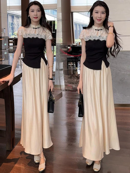 Fashion suits for women 2025 summer new style high-end foreign style lace splicing tops slim casual two-piece suits