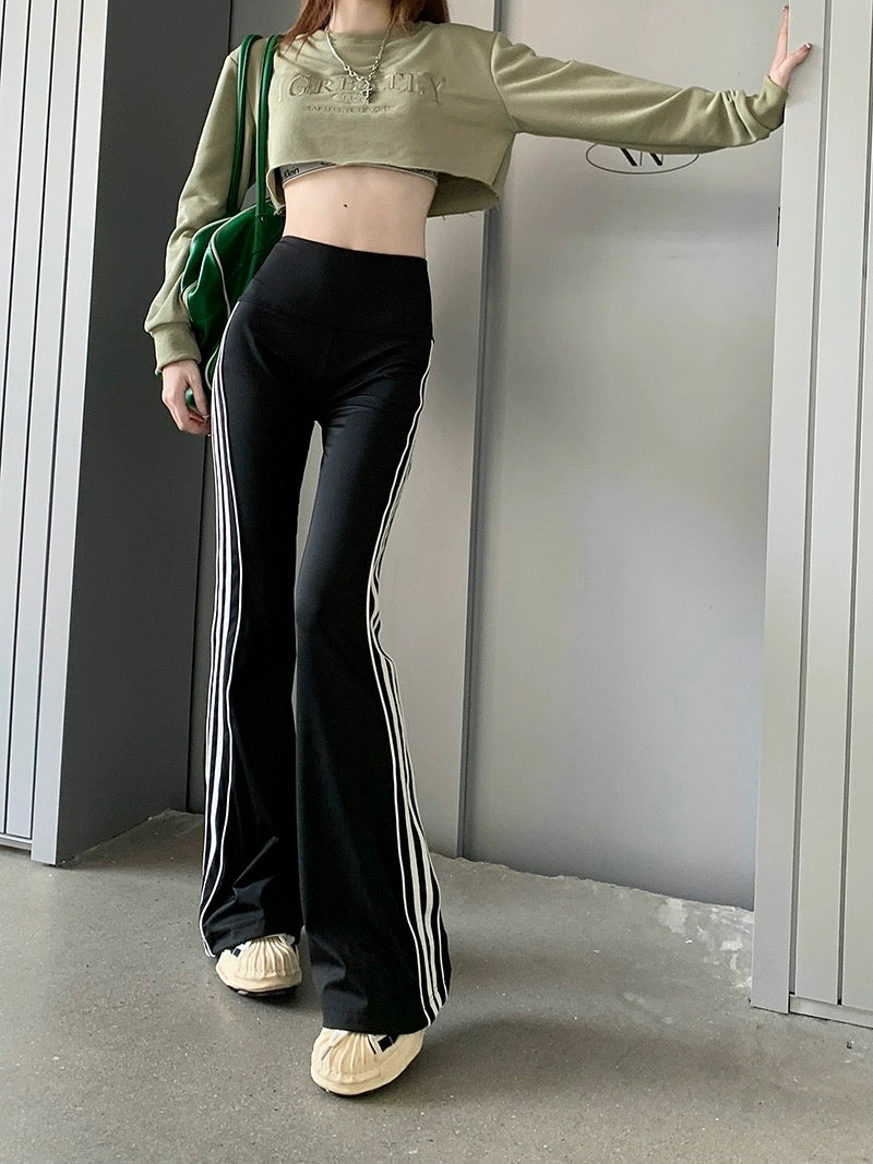 kumikumi high-waist slim micro-flared trousers spring side striped casual pants slim floor-length pants for women