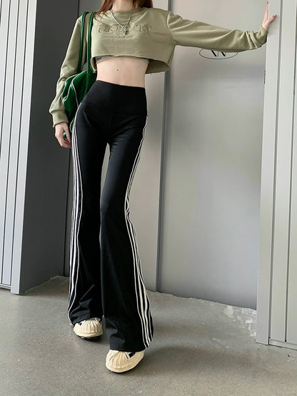 kumikumi high-waist slim micro-flared trousers spring side striped casual pants slim floor-length pants for women