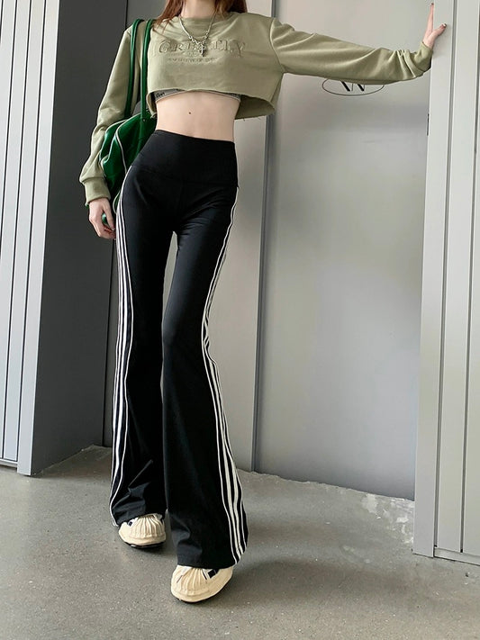 kumikumi high-waist slim micro-flared trousers spring side striped casual pants slim floor-length pants for women