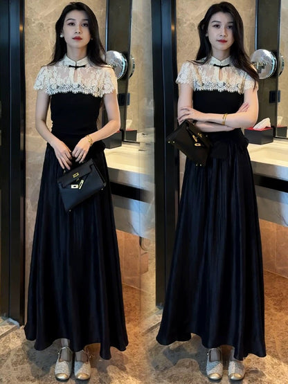 Fashion suits for women 2025 summer new style high-end foreign style lace splicing tops slim casual two-piece suits