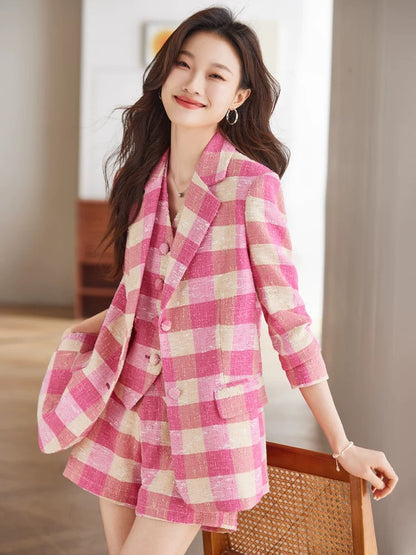 Obilan spring and autumn pink plaid small suit jacket suit shorts women's fashion vest three-piece set small fragrance Korean version