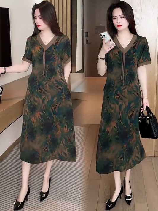 Fashion new Chinese style V-neck slim dress for women 2025 summer new design foreign temperament printed mid-length dress