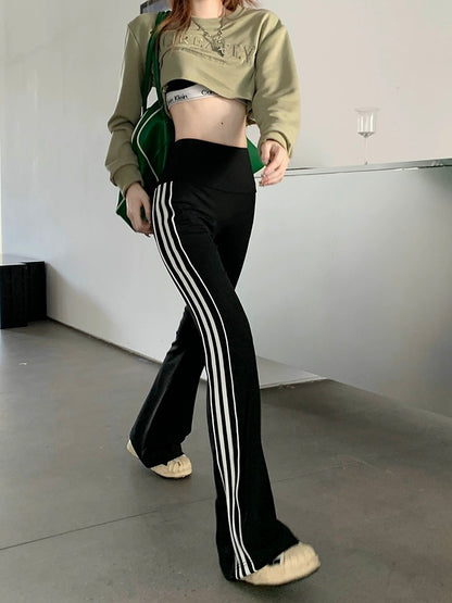 kumikumi high-waist slim micro-flared trousers spring side striped casual pants slim floor-length pants for women