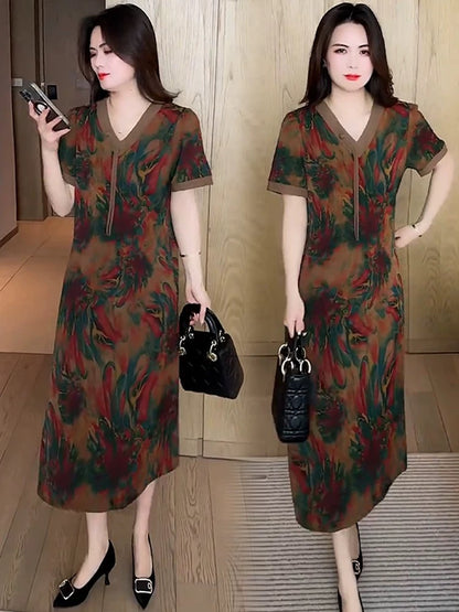 Fashion new Chinese style V-neck slim dress for women 2025 summer new design foreign temperament printed mid-length dress
