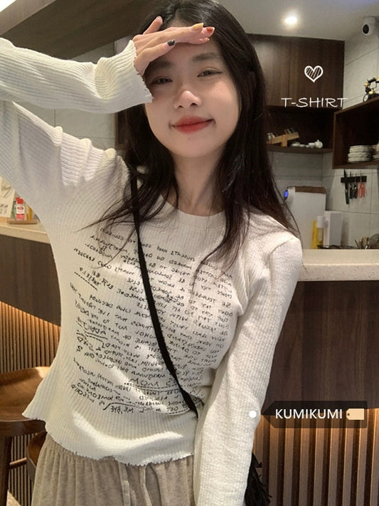 Sweet and spicy style right shoulder long sleeve letter printed T-shirt for women spring niche slimming short white bottoming top