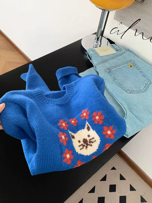 Klein blue high-grade cartoon cat jacquard sweater for women autumn and winter lazy style soft and age-reducing knitted sweater top