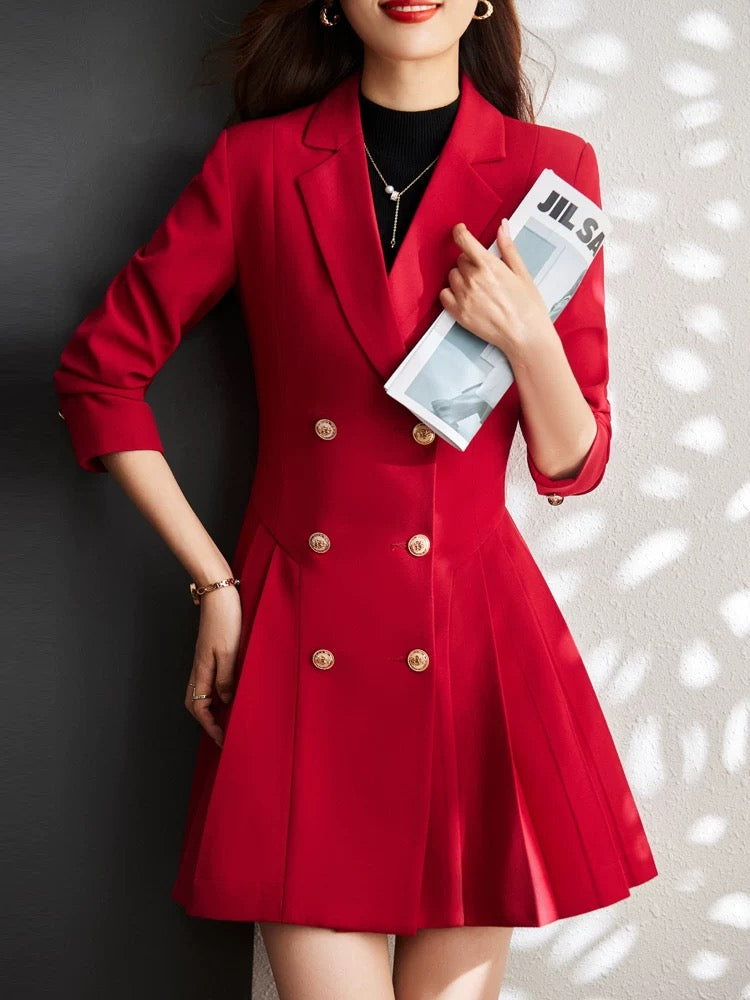 2024 new spring and autumn suit dress mid-length windbreaker pleated temperament female red French high-end autumn and winter