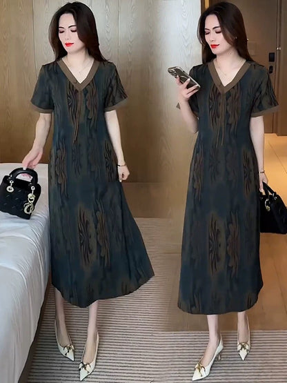Fashion new Chinese style V-neck slim dress for women 2025 summer new design foreign temperament printed mid-length dress
