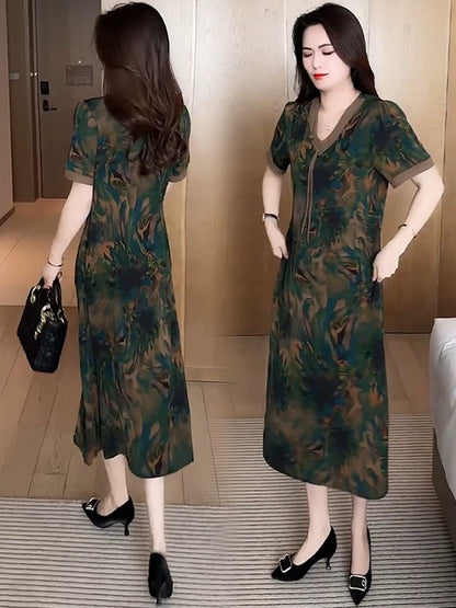 Fashion new Chinese style V-neck slim dress for women 2025 summer new design foreign temperament printed mid-length dress