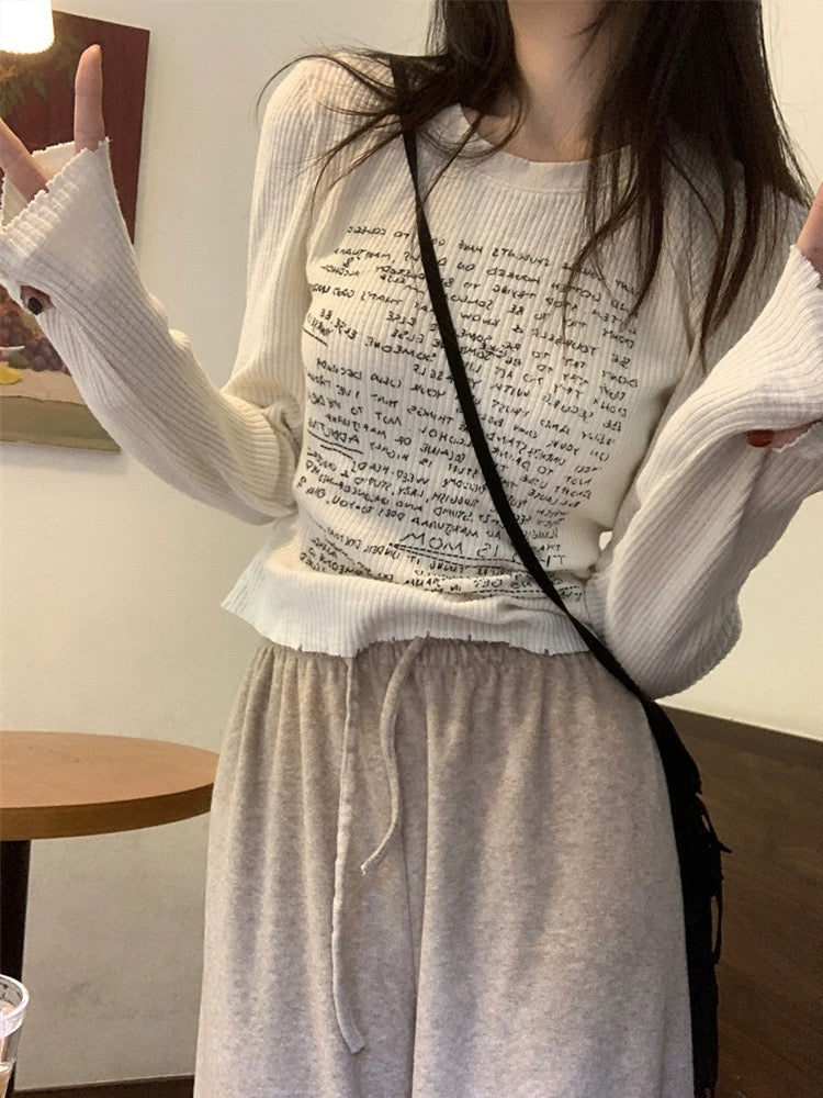 Sweet and spicy style right shoulder long sleeve letter printed T-shirt for women spring niche slimming short white bottoming top
