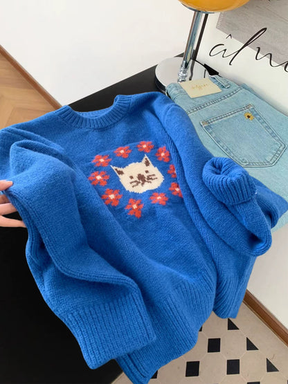 Klein blue high-grade cartoon cat jacquard sweater for women autumn and winter lazy style soft and age-reducing knitted sweater top