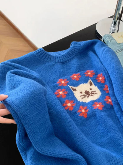 Klein blue high-grade cartoon cat jacquard sweater for women autumn and winter lazy style soft and age-reducing knitted sweater top