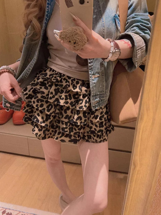 Yukiss [Leopard Print Aesthetics! Skirt Pants Without Revealing Pleasure / Layered Ruffle Mini Skirt/Cake Skirt]