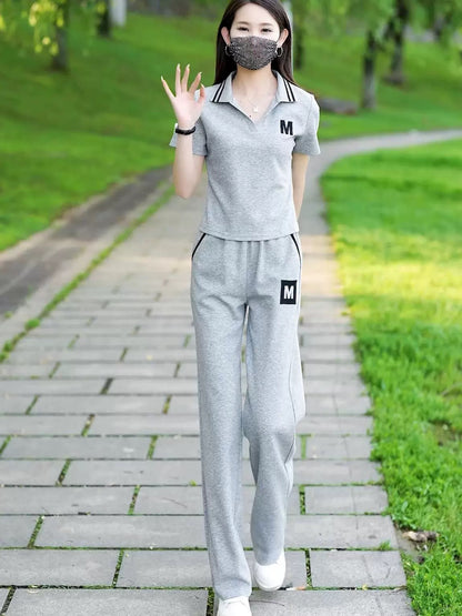 2025 summer new style lapel short-sleeved straight trousers casual sports suit female stylish age-reducing fashion two-piece suit
