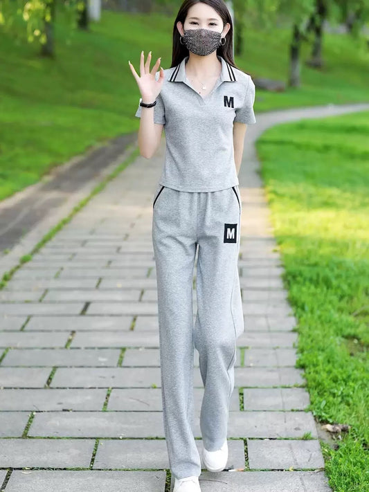 2025 summer new style lapel short-sleeved straight trousers casual sports suit female stylish age-reducing fashion two-piece suit