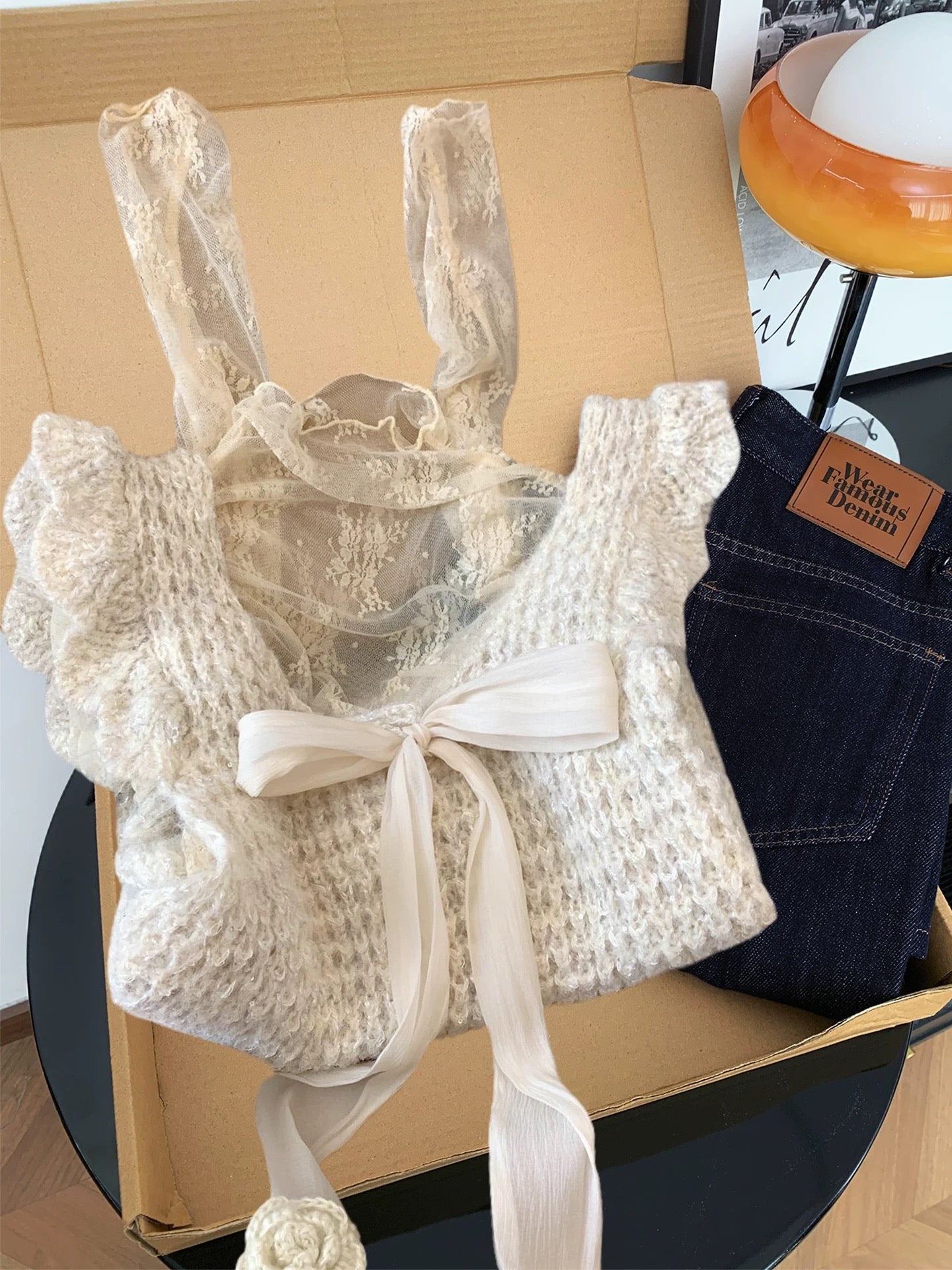 Korean style sweet bow knitted vest lace bottoming shirt two-piece suit women's autumn and winter gentle layering long-sleeved top