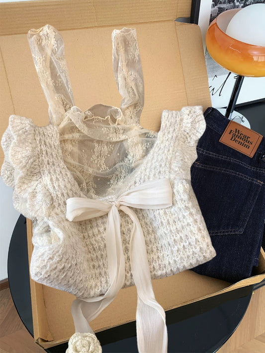 Korean style sweet bow knitted vest lace bottoming shirt two-piece suit women's autumn and winter gentle layering long-sleeved top