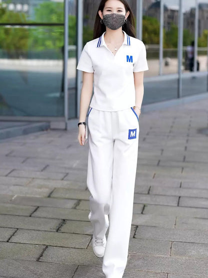 2025 summer new style lapel short-sleeved straight trousers casual sports suit female stylish age-reducing fashion two-piece suit