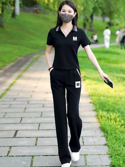 2025 summer new style lapel short-sleeved straight trousers casual sports suit female stylish age-reducing fashion two-piece suit