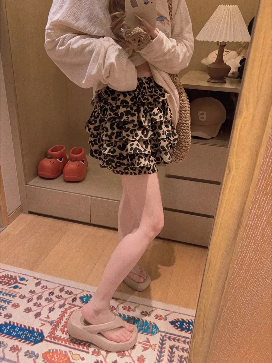 Yukiss [Leopard Print Aesthetics! Skirt Pants Without Revealing Pleasure / Layered Ruffle Mini Skirt/Cake Skirt]