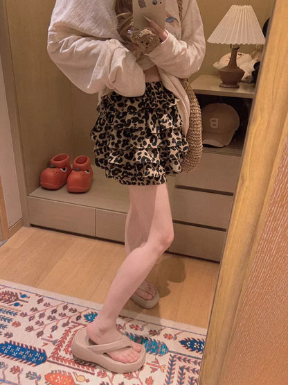 Yukiss [Leopard Print Aesthetics! Skirt Pants Without Revealing Pleasure / Layered Ruffle Mini Skirt/Cake Skirt]