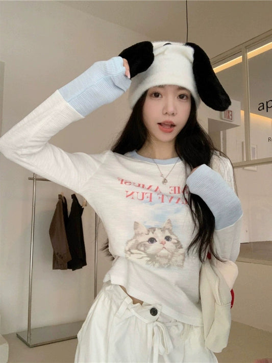 Sweet and spicy cat print long-sleeved T-shirt for women in spring niche design splicing slim short bottoming shirt trendy top