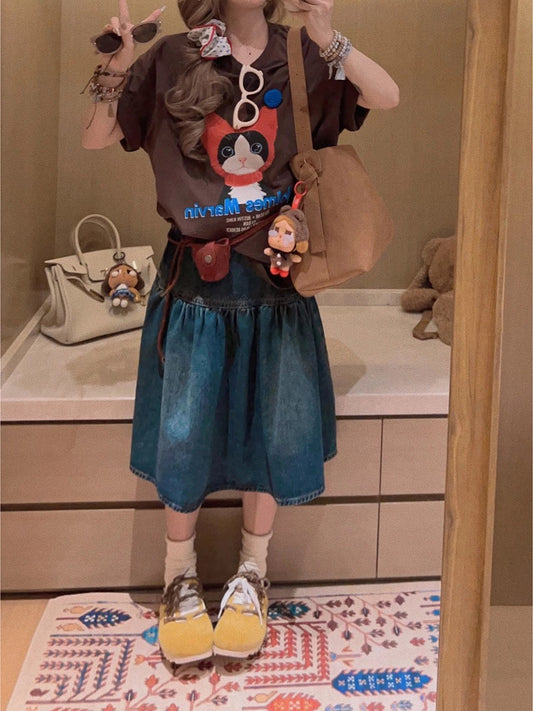 Yukiss Retro Miu Denim Midi Skirt, Petite Style, Casual A-line Skirt