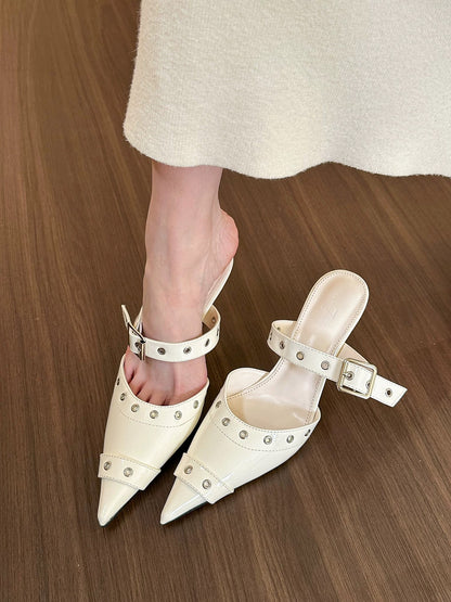 elingstudio Stylish hotties! White Rivet High Heels Women's Spring and Summer Baotou Back Empty Muller Half Slippers