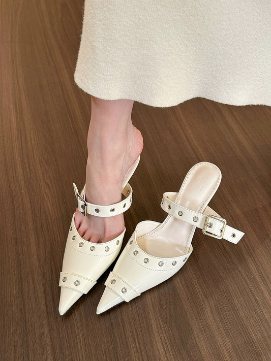 elingstudio Stylish hotties! White Rivet High Heels Women's Spring and Summer Baotou Back Empty Muller Half Slippers
