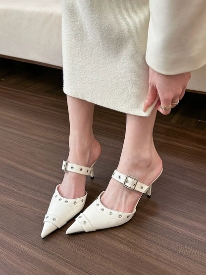 elingstudio Stylish hotties! White Rivet High Heels Women's Spring and Summer Baotou Back Empty Muller Half Slippers