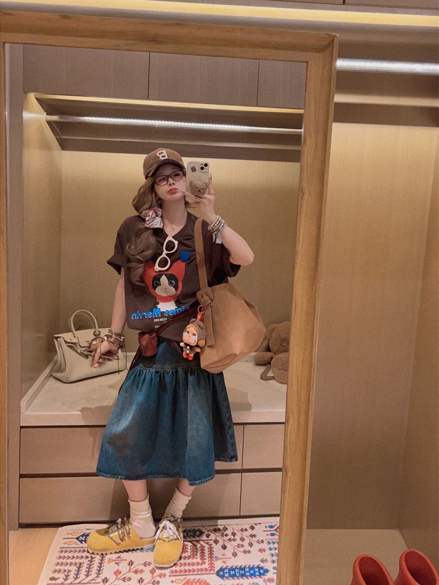 Yukiss Retro Miu Denim Midi Skirt, Petite Style, Casual A-line Skirt