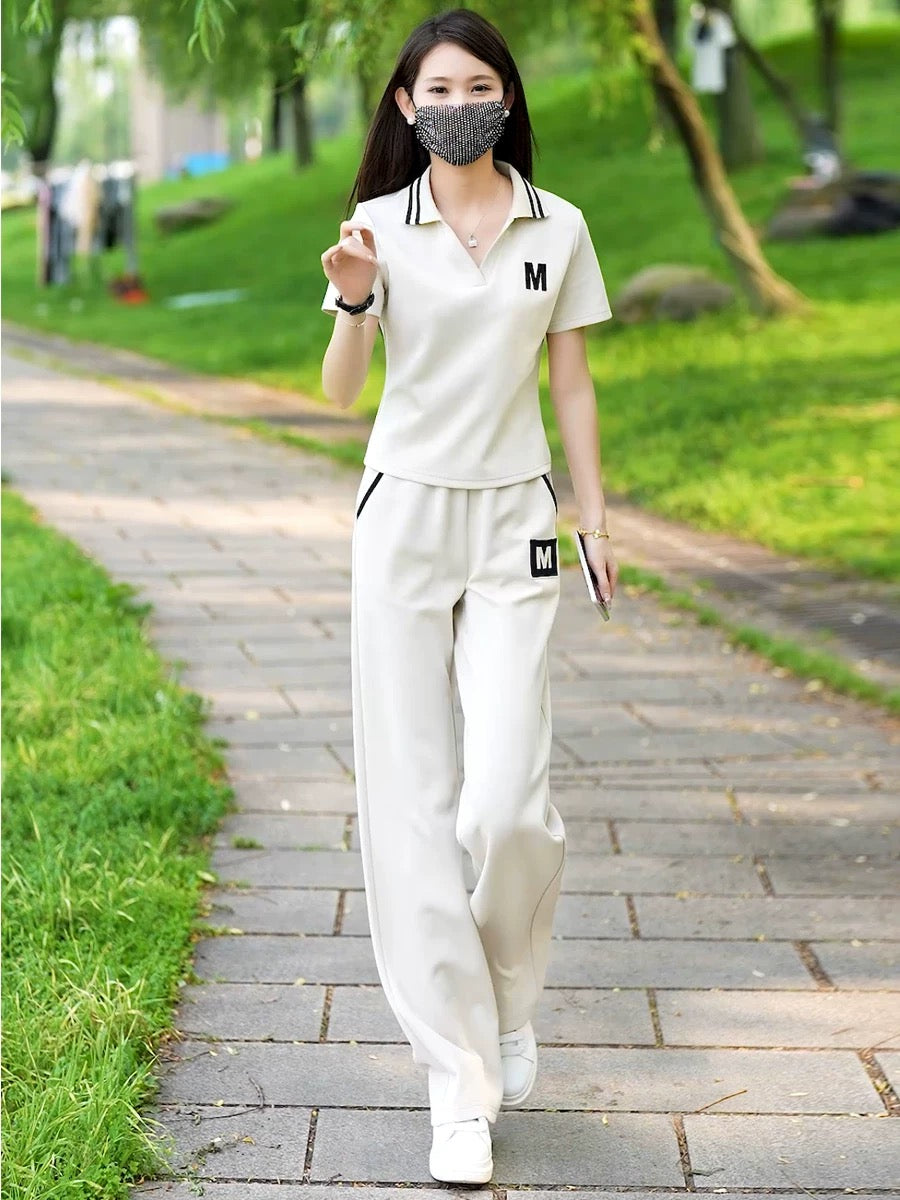 2025 summer new style lapel short-sleeved straight trousers casual sports suit female stylish age-reducing fashion two-piece suit