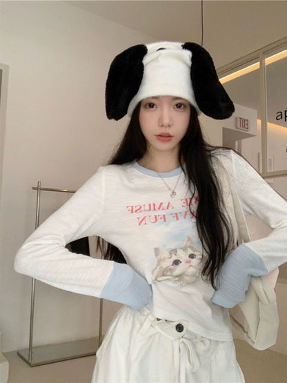 Sweet and spicy cat print long-sleeved T-shirt for women in spring niche design splicing slim short bottoming shirt trendy top