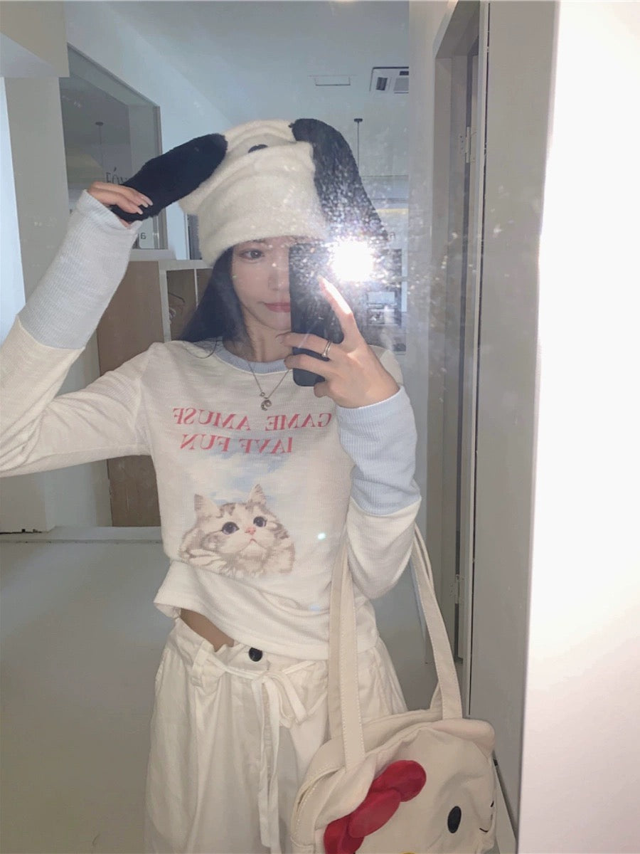 Sweet and spicy cat print long-sleeved T-shirt for women in spring niche design splicing slim short bottoming shirt trendy top