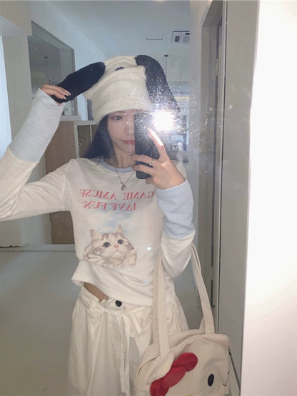 Sweet and spicy cat print long-sleeved T-shirt for women in spring niche design splicing slim short bottoming shirt trendy top