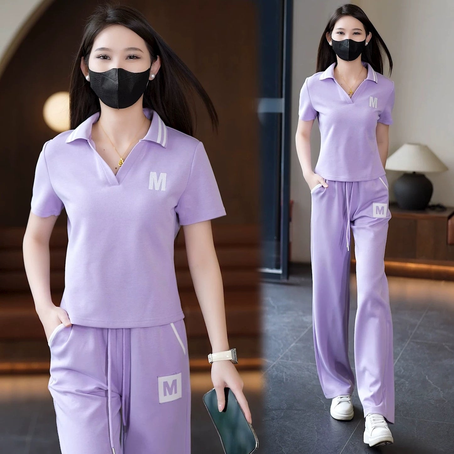 2025 summer new style lapel short-sleeved straight trousers casual sports suit female stylish age-reducing fashion two-piece suit