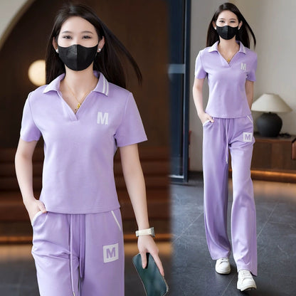 2025 summer new style lapel short-sleeved straight trousers casual sports suit female stylish age-reducing fashion two-piece suit