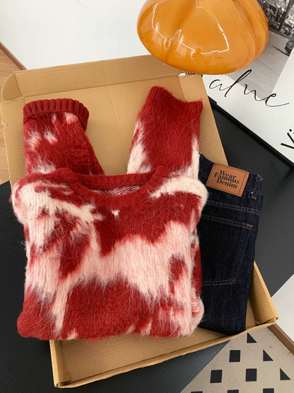 Atmosphere retro New Year red gradient sweater women autumn and winter stylish soft lazy style round neck knitted sweater top