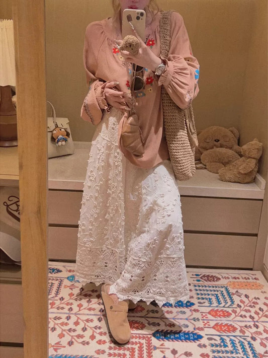 Yukiss [Heavy-duty Mori Girl Style / Three Fabrics 3D Embroidered Crochet Long Skirt/Mid-length Skirt]