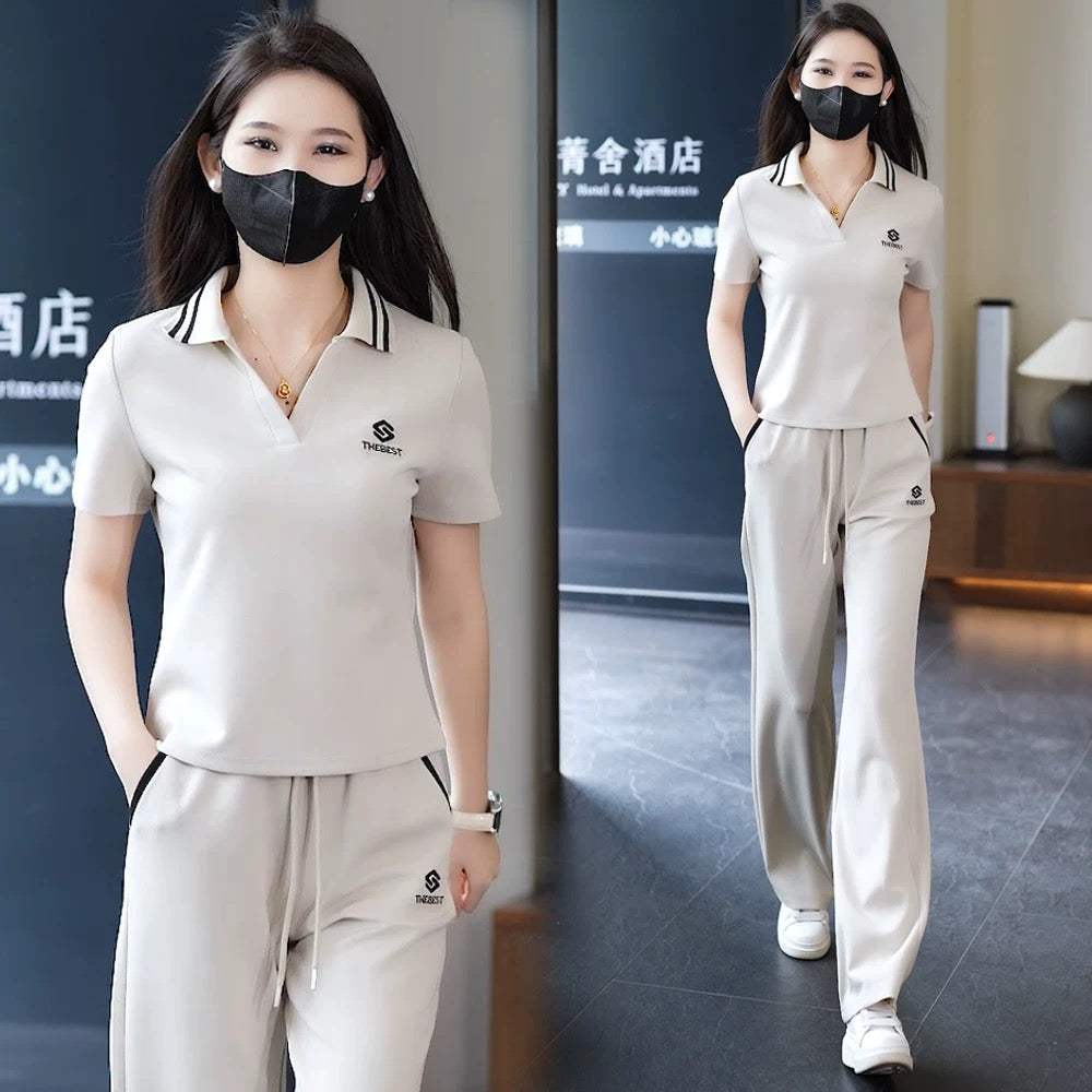 2025 summer new style lapel short-sleeved straight trousers casual sports suit female stylish age-reducing fashion two-piece suit