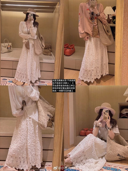 Yukiss [Heavy-duty Mori Girl Style / Three Fabrics 3D Embroidered Crochet Long Skirt/Mid-length Skirt]