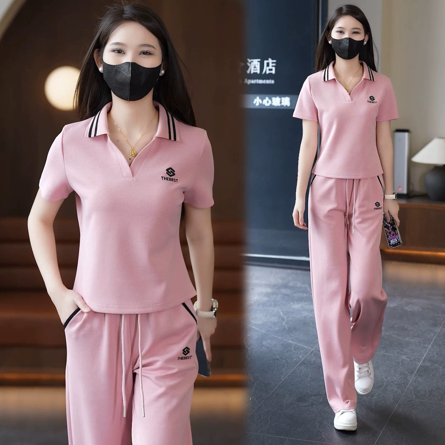 2025 summer new style lapel short-sleeved straight trousers casual sports suit female stylish age-reducing fashion two-piece suit