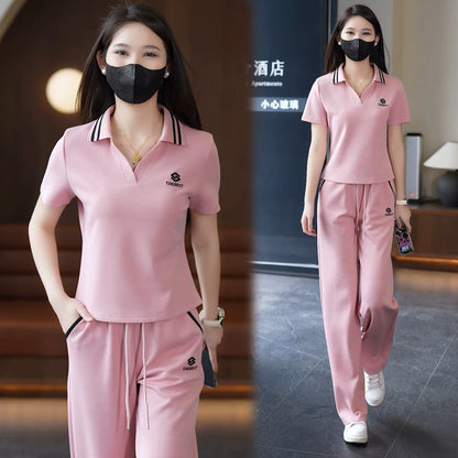 2025 summer new style lapel short-sleeved straight trousers casual sports suit female stylish age-reducing fashion two-piece suit