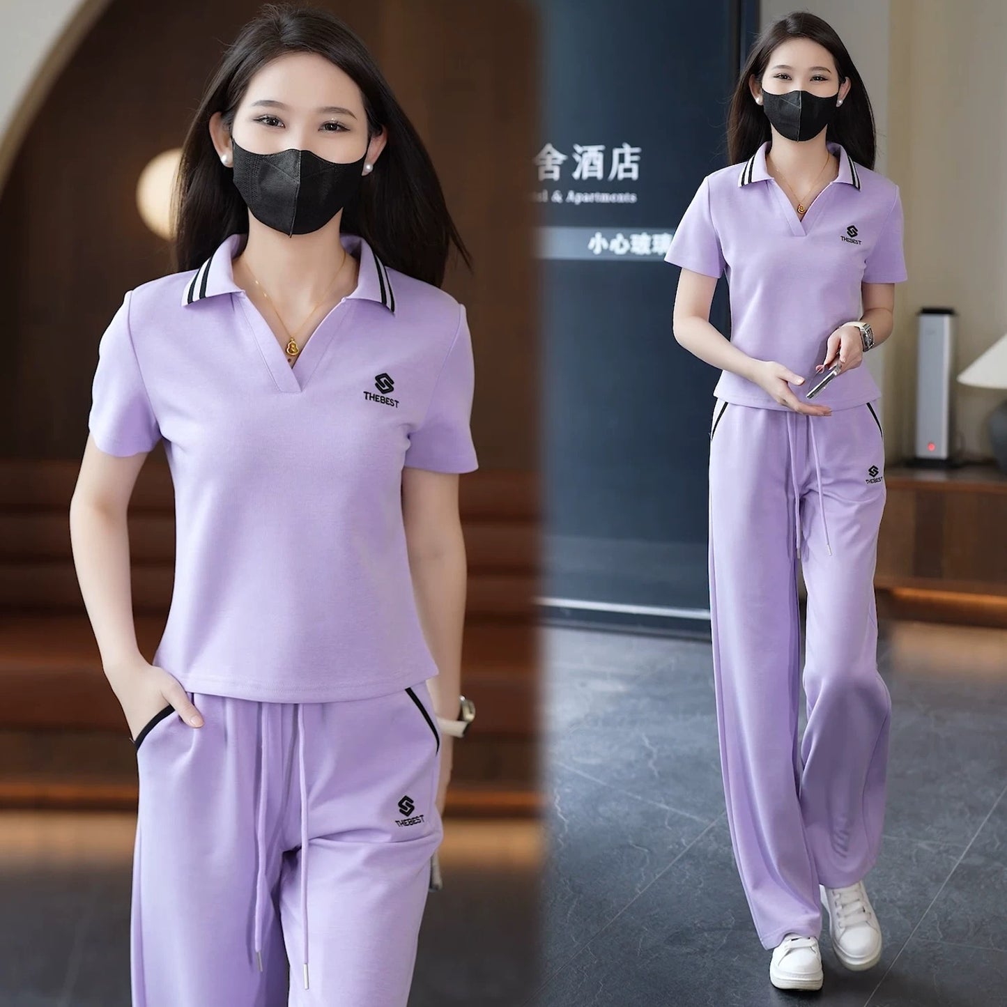 2025 summer new style lapel short-sleeved straight trousers casual sports suit female stylish age-reducing fashion two-piece suit
