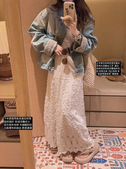 Yukiss [Heavy-duty Mori Girl Style / Three Fabrics 3D Embroidered Crochet Long Skirt/Mid-length Skirt]