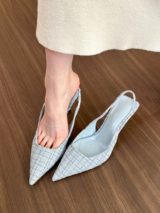 elingstudio's high-end fragrance! Sea Salt Blue Pointed Toe High Heel Sandals Women's Hollow Back Half Toe Shoes