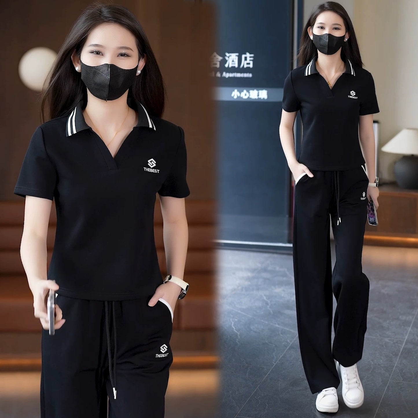 2025 summer new style lapel short-sleeved straight trousers casual sports suit female stylish age-reducing fashion two-piece suit