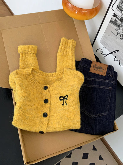Korean lazy bow embroidered knitted cardigan sweater women's autumn and winter new niche retro high-end yellow top